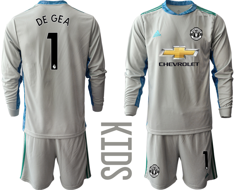 Youth 2020-2021 club Manchester United grey long sleeved Goalkeeper #1 Soccer Jerseys